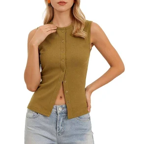 Button Down Tank Top for Women Ribbed Sleeveless Vest Crew Neck Open Front Casual Knit Tops, Women's, Size: XL, Khaki