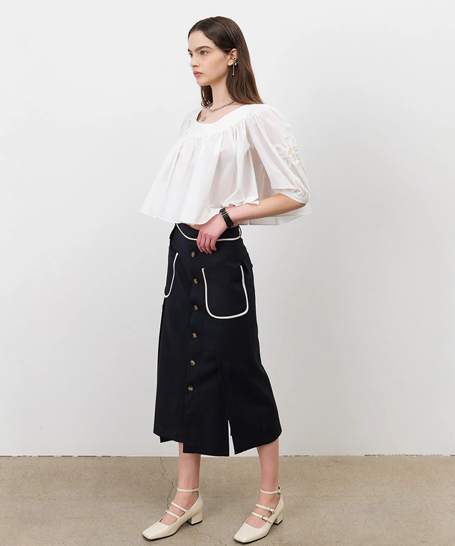 24 Spring_ D/Navy Trench Midi Skirt