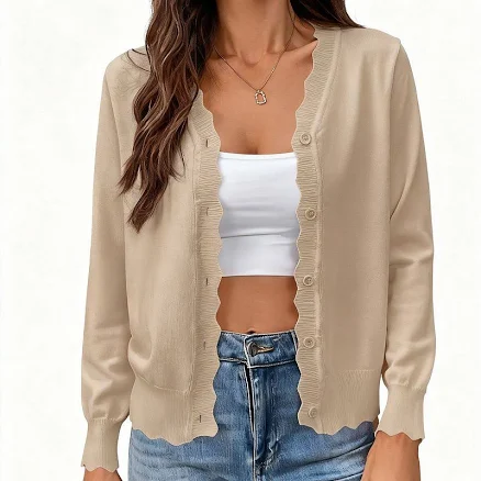 Women's V-Neck Knit Cardigan, Wave Edge Detail Long Sleeve Button Front Sweater, Size: Large, Khaki