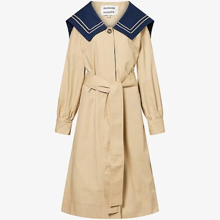 Damson Madder Womens Tan Ella Sailor-Collar Cotton Trench Coat 10