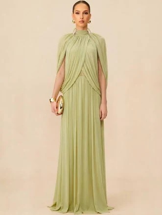Twilight Whispers Draped Cape Sleeve Knit Maxi Dress