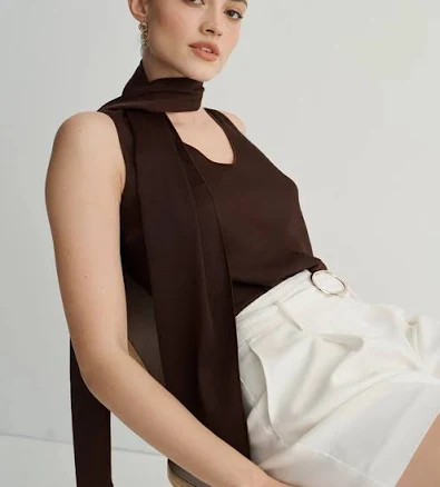 White House Black Market Women's Removable Tie-Neck Satin Shell