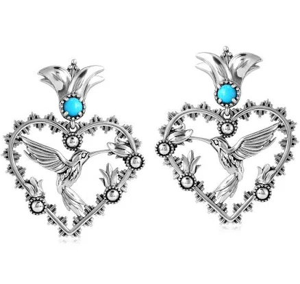 Sterling Silver Sleeping Beauty Turquoise Heart Hummingbird Earrings