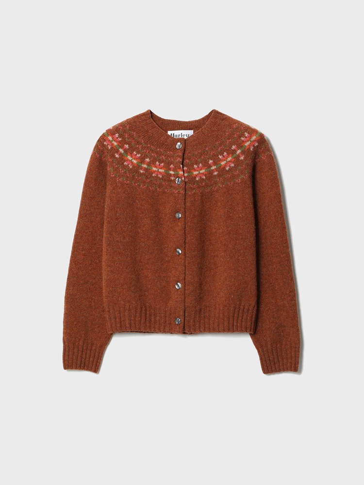 Boxy Shape Fairisle Yoke High Button Cardigan [Sienna]