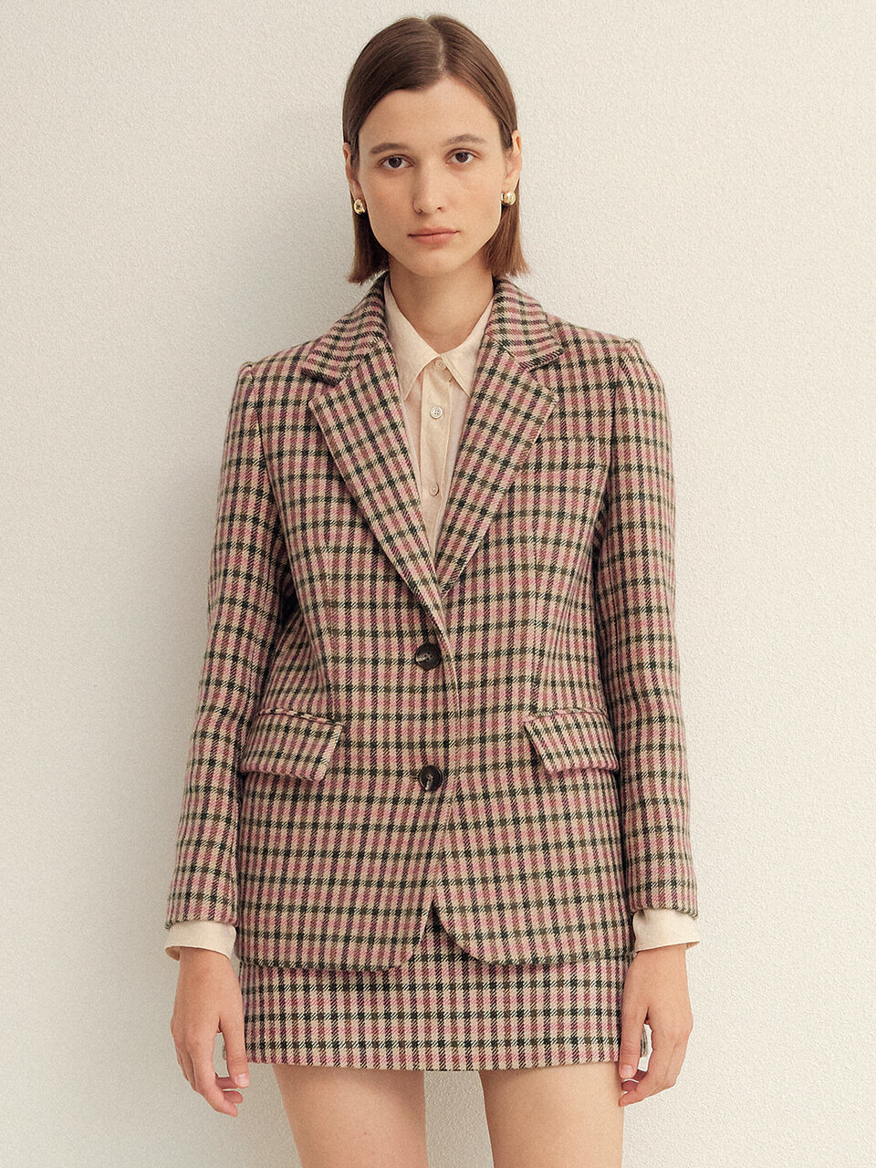 Gingham Check Single Fit Wool Jacket_Pink
