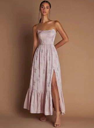 Azazie Maxi Dresses A-Line Wedding Guest Semi-Formal Dresses Strapless Ruffles Soft Pink