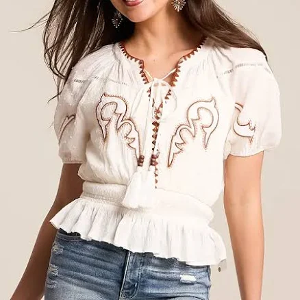 Miss Me Women's Cotton Embroidered Swiss Dot Top with Buckle