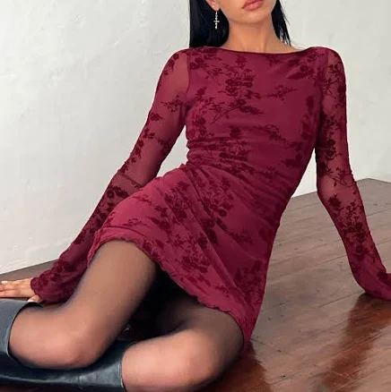 Sevila Long Sleeve Flocked Botanical Flower Mini Dress