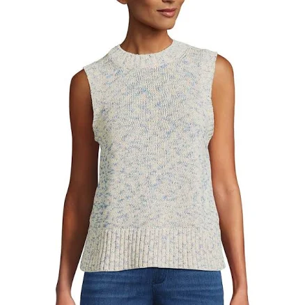 Lands' End Women's Cotton Tweed Textured Crewneck Vest Sweater