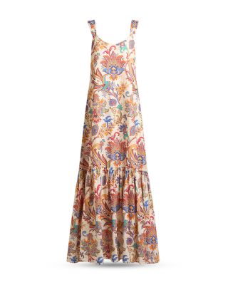 LONG COTTON DRESS WITH PLACED FLORAL PAISLEY PRINT