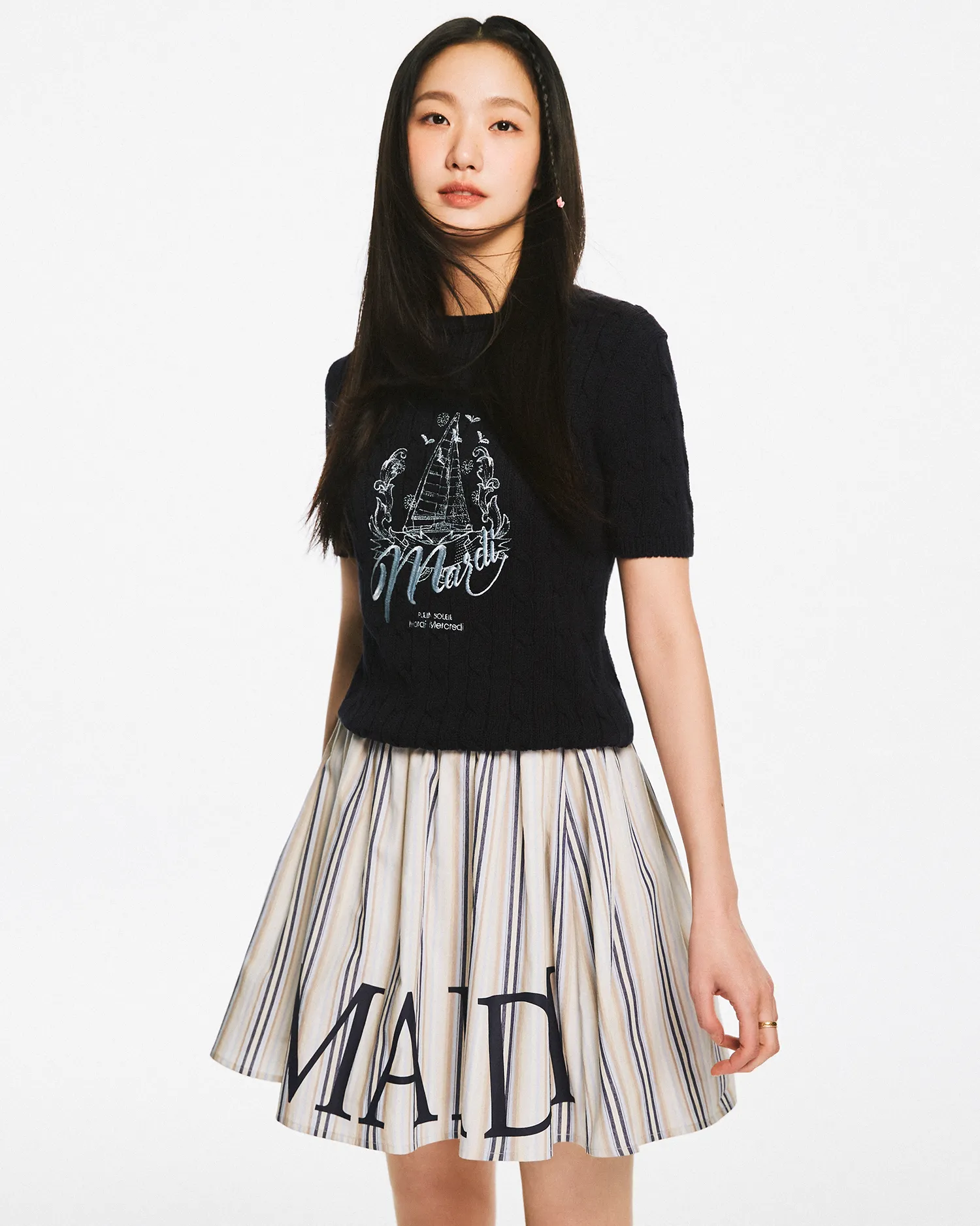 FLARE BANDING SKIRT STRIPE_BEIGE NAVY