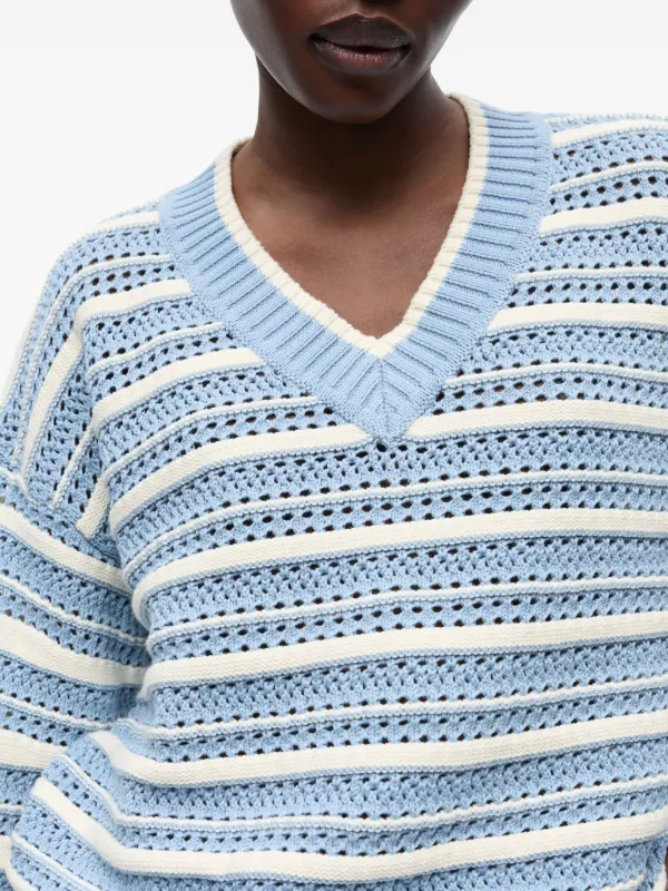 Blue Striped Cotton V-neck Sweater