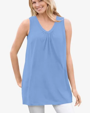 Woman Within Perfect Sleeveless Shirred V-Neck Tunic
