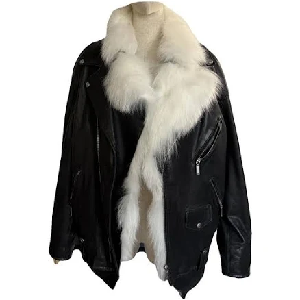 Saint Laurent Women's Oversized Leather Motorcycle Jacket with Removable White Fox Lining