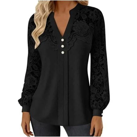 Symoid Women's Lace Long Sleeve V-Neck Tunic Blouse