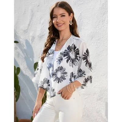 Women's Open Front 3/4 Sleeve Lapel Collar Cardigan