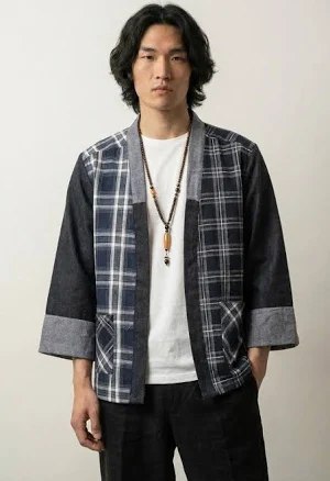 Checkered Tartan and Denim Kimono