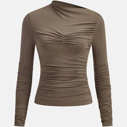 Asymmetric Neck Ruched Long Sleeve Top
