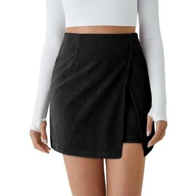 Imily Bela Womens Corduroy Mini Skirt Casual High Waisted Side Slit A-line Bodycon Work Fall Short Skirts
