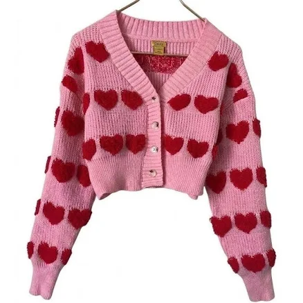 Daisy Pink Heart Cropped Cardigan Sweater Red Textured Hearts V-neck