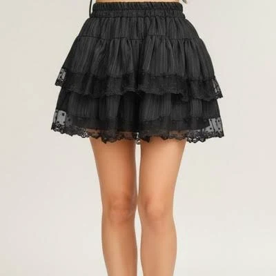 Anna-Kaci Women's Tiered Ruffle Mini Skirt with Sheer Lace Trim