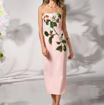 Boston Proper Strapless Placed Floral Applique Crepe Midi Dress