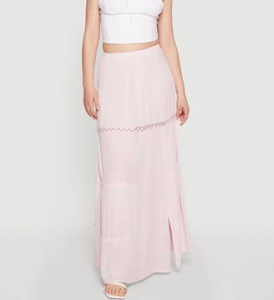 Womens Side Slit Lace Detail Tiered Maxi Skirt, Pink, Size S - Rainbow Shops
