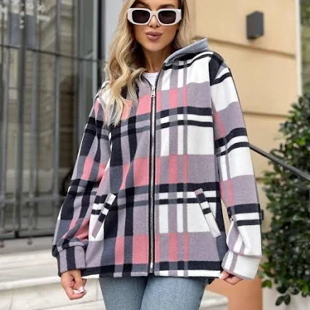 Women's Checkered Fleece Zip Up Jacket with Hood