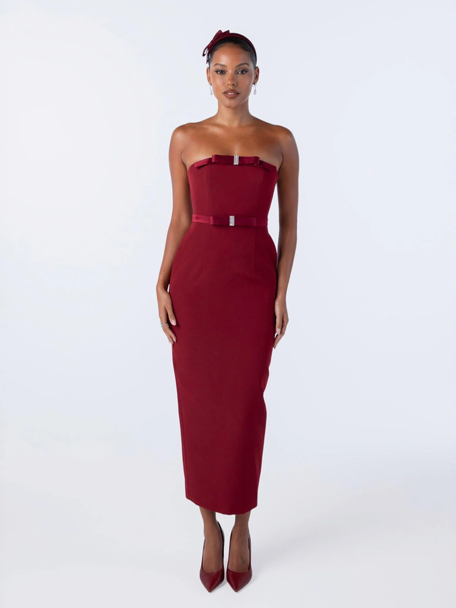 Demi Bow Dress: Red Midi Dress for Cocktail Party