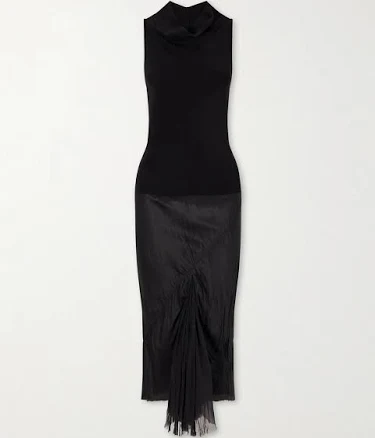Rick Owens Sliced Stretch-jersey And Crinkled-satin Midi Dress - Women - Black Dresses - XS