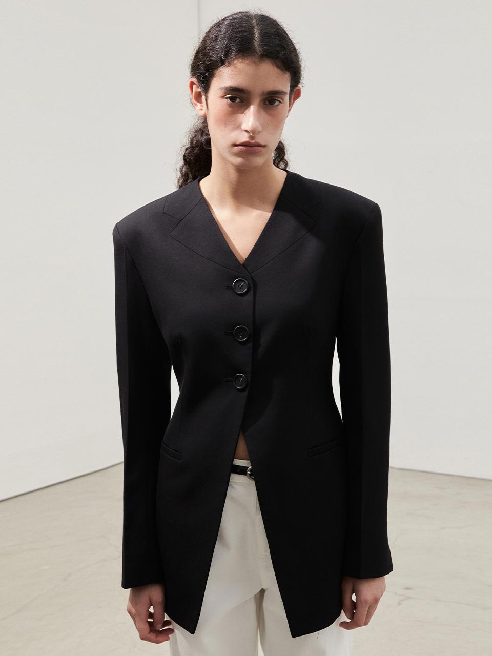 Collarless Wool Jacket Black
