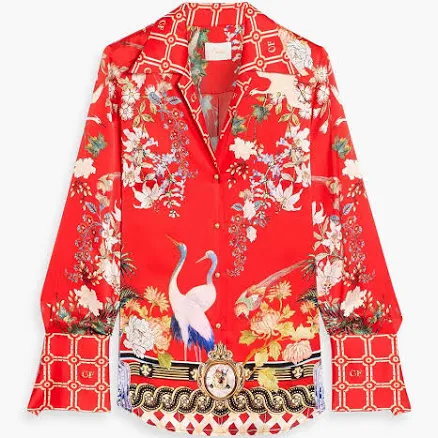 Camilla Crystal-embellished printed silk-satin shirt - Women - Red Tops - XXS