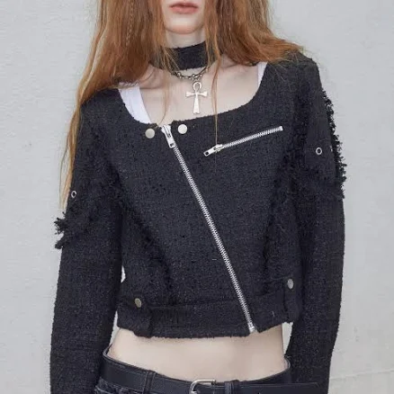 NOTKNOWING Square Neck Moto Tweed Jacket