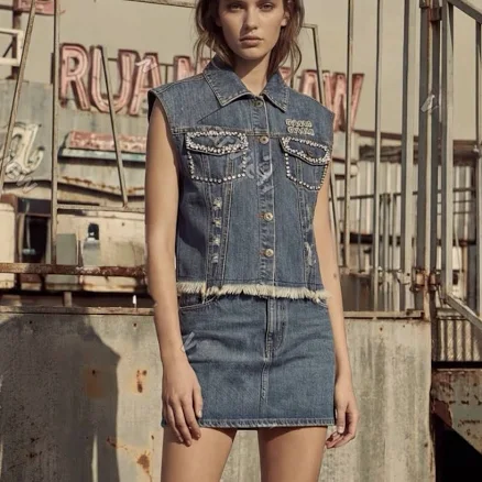 Vintage Miu Miu Crystal Denim Crop Vest Blue Jeans Y2k Bling Icon Rare