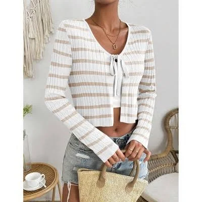 Women's Tie Front Long Sleeve Stripe Cardigan