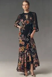 Mestiza Ophelia Draped Floral Print Chiffon Gown