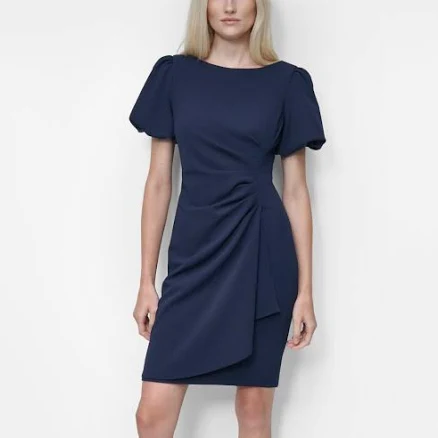 DKNY Women's Bubble Sleeve Ruched Scuba Crepe Sheath Dress
