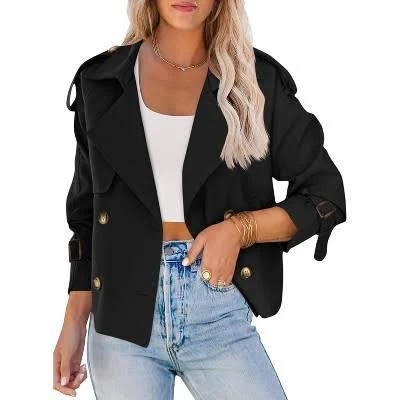 Imily Bela Women's Cropped Double Breasted Trench Coat with Raglan Sleeves
