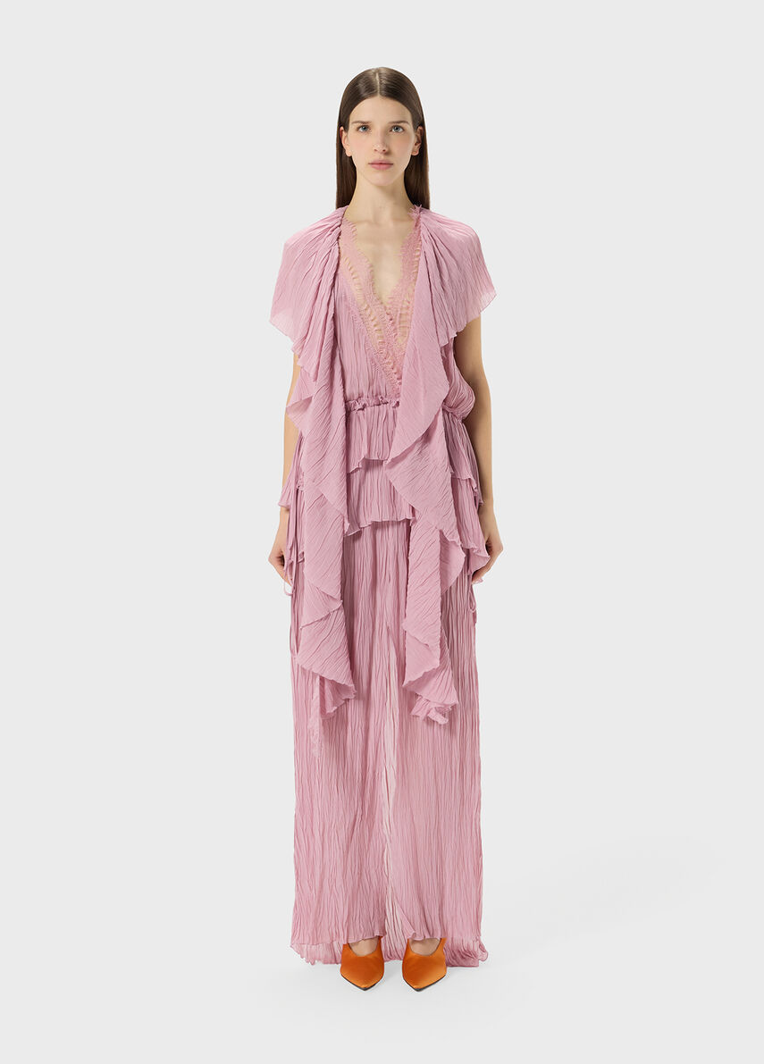 Long pleated georgette dress with lace insert