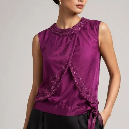 Womens Beaded Silk Blouse Large Purple Sequined Y2k Tie Waist