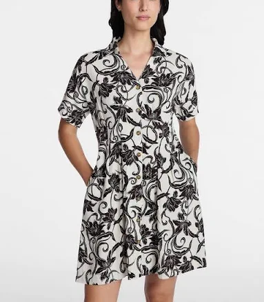 Time and Tru Women's Linen Pleated Waist Fit and Flare Mini Shirt Dress