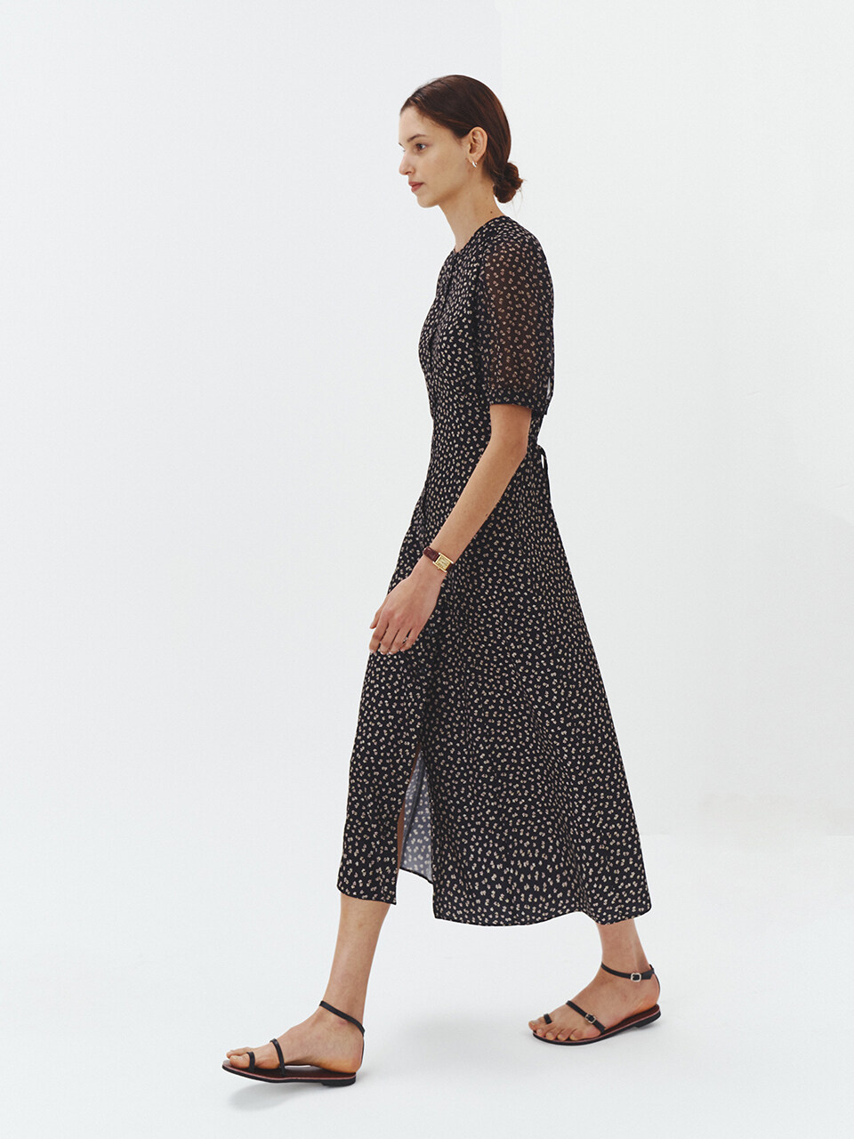 Floral Buttoned Long Dress_Black