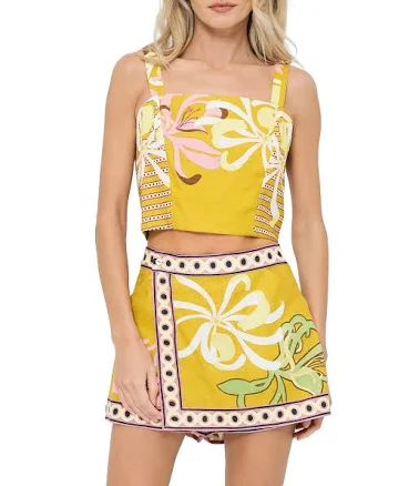 Floral Printed Loren Cropped Linen Blend Top