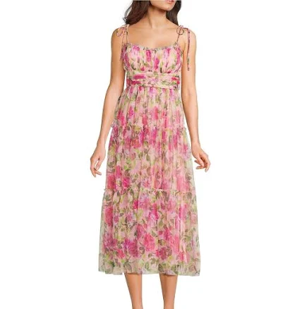 City Vibe Juniors Floral Printed Tie Shoulder Empire Waist Midi Dress
