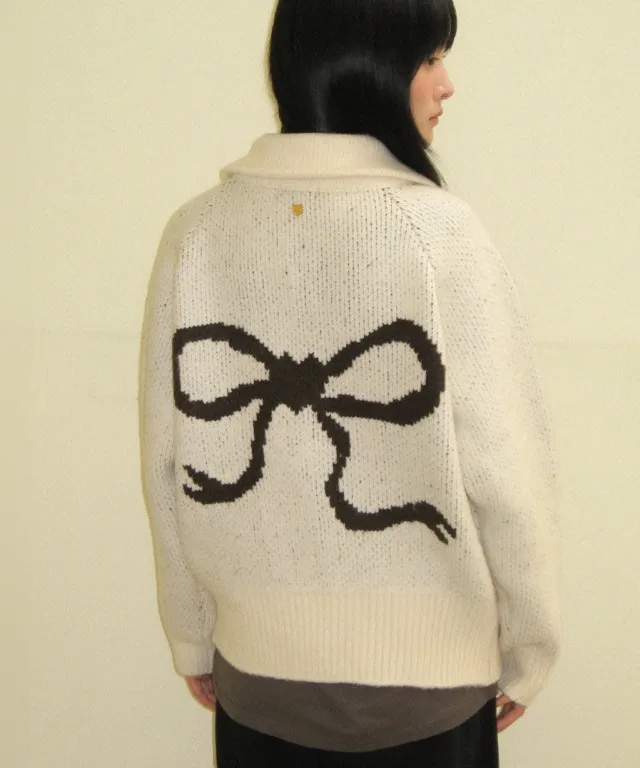 Back Heart Ribbon Cowichan Knit Zip Up Ivory Brown