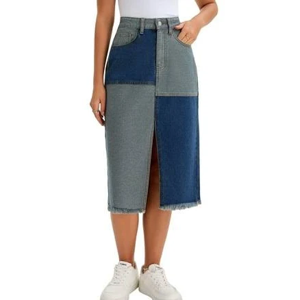 Inspire Chic Women's Color Block Patchwork Denim Skirt