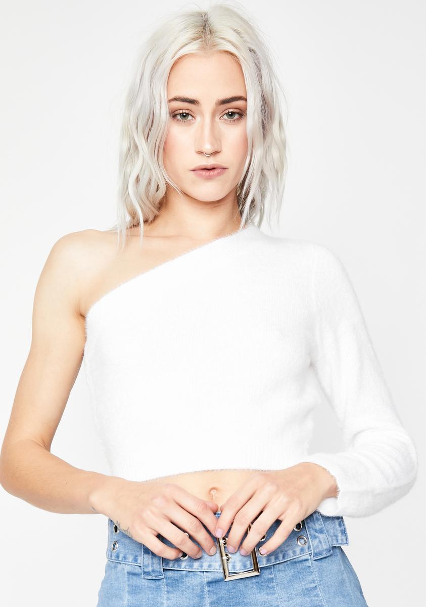 One Shoulder Cropped Sweater Fuzzy Knit White