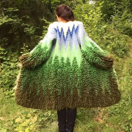 Handmade Woolen Coat: Green Landscape Design, Woven Carpathian Style