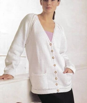 Woman's picot hem raglan cardigan - v neck- with pockets in cotton dk (8ply) 34 - 42" download pdf knitting pattern