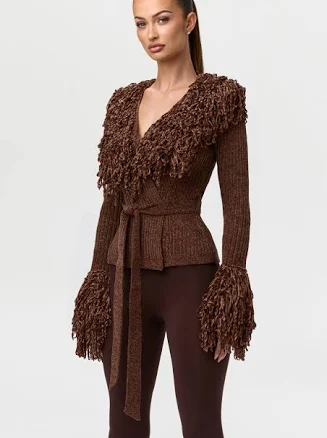 Naked Wardrobe Women's Knit Fringe V-Neck Cardigan